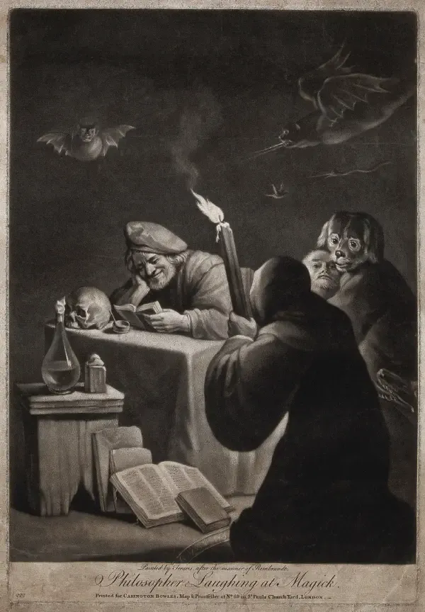 A black and white illustration of a man reading a book in a dark room. A bat flies above his head. He's smiling and chucling to himself