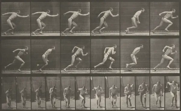 A black and white photoplate of a man running one frame at a time over a short time span